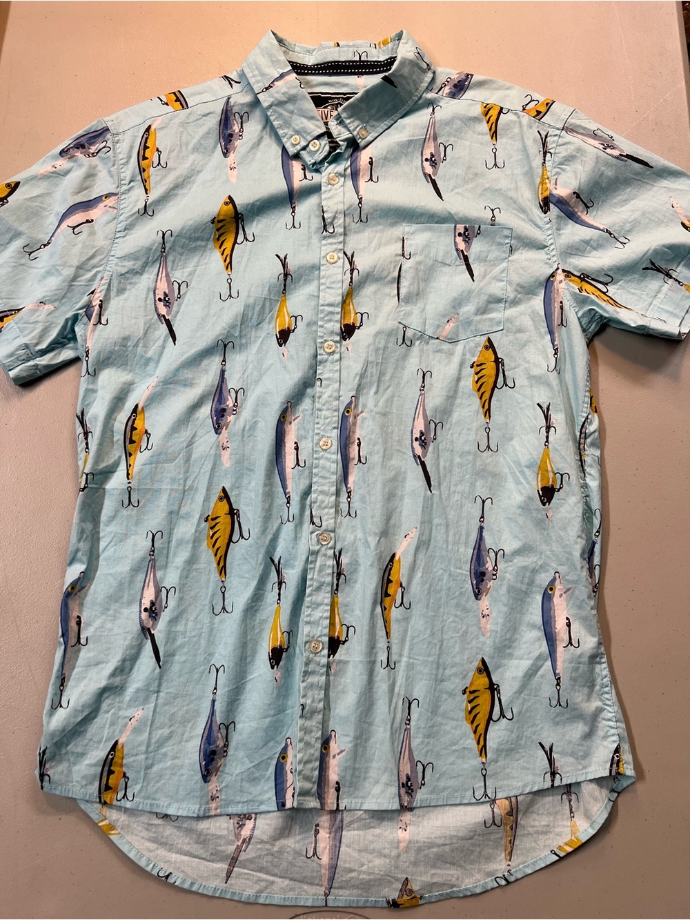 Five Points NYC Fishing Lure Button Up Shirt Mens Large Blue Slim Fit